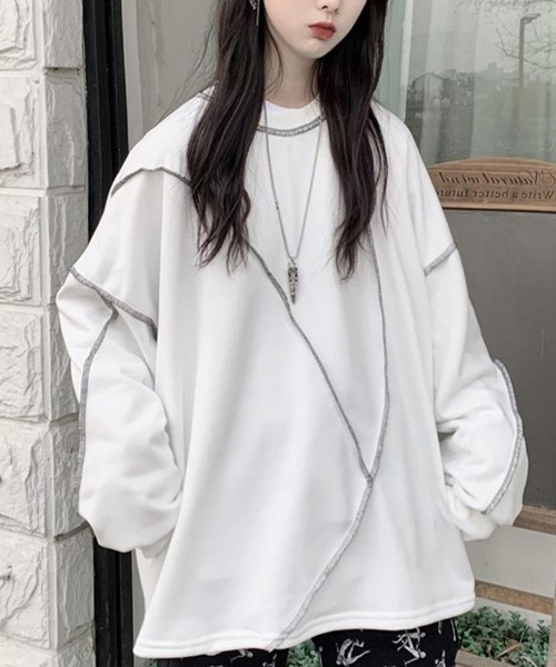 mielu（ミエル）の「アウトステッチロングスリーブトップス（Tシャツ/カットソー・レディース・ブラック/ホワイト・MEDIUM/LARGE）」の4枚目の写真