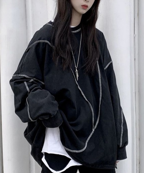 mielu（ミエル）の「アウトステッチロングスリーブトップス（Tシャツ/カットソー・レディース・ブラック/ホワイト・MEDIUM/LARGE）」の9枚目の写真