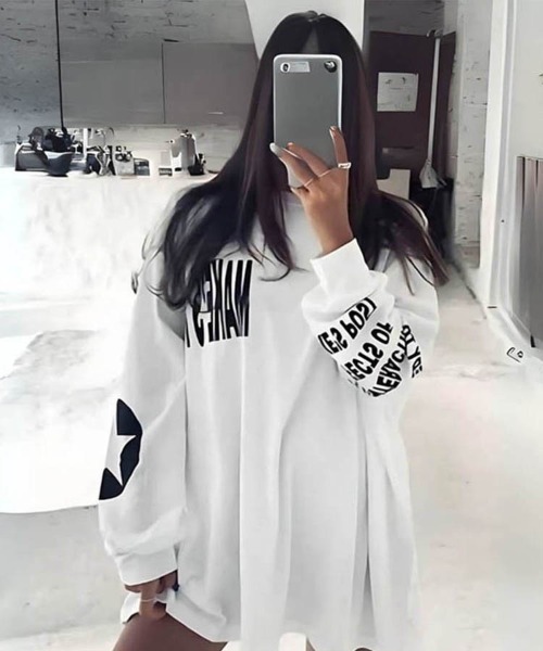 Dalfwin（ダールフィン）の「韓国ファッション 袖ロゴプリント長袖Tシャツ（Tシャツ/カットソー・レディース・ホワイト/ブラック/レッド・FREE）」の4枚目の写真