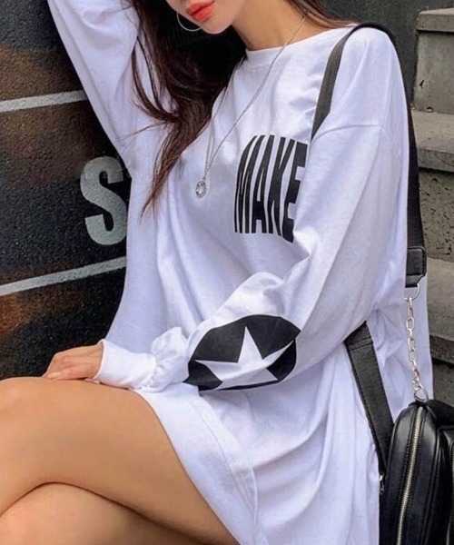Dalfwin（ダールフィン）の「韓国ファッション 袖ロゴプリント長袖Tシャツ（Tシャツ/カットソー・レディース・ホワイト/ブラック/レッド・FREE）」の14枚目の写真