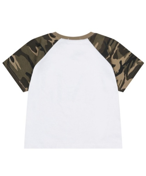 MUCENT(ムセント)の「A'GEM/9 × .kom 『MUCENT/ムーセント』JUG CAMO RAGLAN HALF TEE/ ジャグカモラグラン半袖クロップTシャツ(Tシャツ/カットソー・レディース・ブラック/ホワイト・FREE)」の6枚目の写真