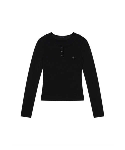 DAUSPICE(ディーオスピス)の「(DUC) Henley-Neck Double-Layer Long Sleeve Black(Tシャツ/カットソー・レディース・ブラック・ONE SIZE)」の1枚目の写真
