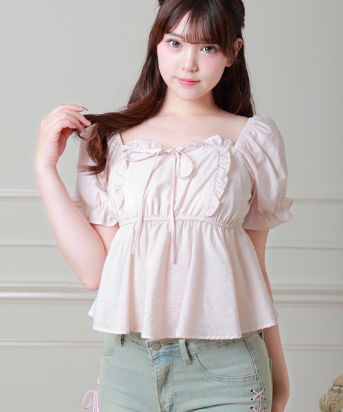 Anely(アネリー)の「Anely スクエアネック リボン ペプラム パフスリーブ ブラウス(シャツ/ブラウス・レディース・ピンク/ブラック/ホワイト・FREE)」の21枚目の写真