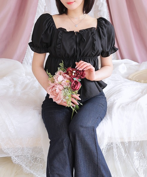 Anely(アネリー)の「Anely スクエアネック リボン ペプラム パフスリーブ ブラウス(シャツ/ブラウス・レディース・ピンク/ブラック/ホワイト・FREE)」の6枚目の写真