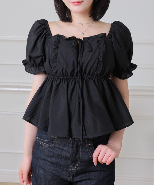 Anely(アネリー)の「Anely スクエアネック リボン ペプラム パフスリーブ ブラウス(シャツ/ブラウス・レディース・ピンク/ブラック/ホワイト・FREE)」の8枚目の写真