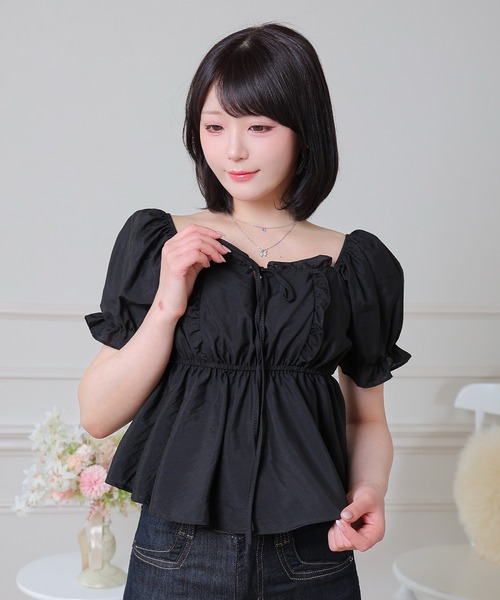 Anely(アネリー)の「Anely スクエアネック リボン ペプラム パフスリーブ ブラウス(シャツ/ブラウス・レディース・ピンク/ブラック/ホワイト・FREE)」の9枚目の写真
