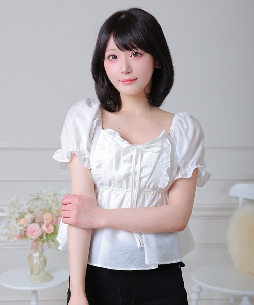 Anely(アネリー)の「Anely スクエアネック リボン ペプラム パフスリーブ ブラウス(シャツ/ブラウス・レディース・ピンク/ブラック/ホワイト・FREE)」の10枚目の写真
