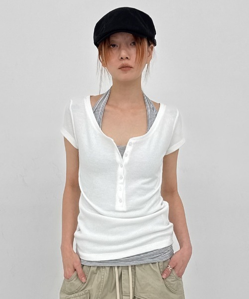 BLACKUP（ブラックアップ）の「[MADE] キリシサマーワッフルヘンリーネック半袖Tシャツ（Tシャツ/カットソー・レディース・ブラック/ミント/ホワイト・FREE）」の2枚目の写真