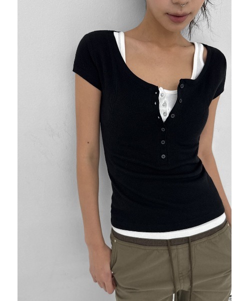 BLACKUP（ブラックアップ）の「[MADE] キリシサマーワッフルヘンリーネック半袖Tシャツ（Tシャツ/カットソー・レディース・ブラック/ミント/ホワイト・FREE）」の14枚目の写真