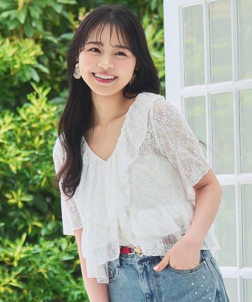 WILLSELECTION（ウィルセレクション）の「レースラッフルフリルトップス（Tシャツ/カットソー・レディース・ブラック/ライトベージュ/オフホワイト・FREE）」の5枚目の写真