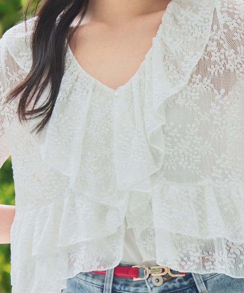 WILLSELECTION（ウィルセレクション）の「レースラッフルフリルトップス（Tシャツ/カットソー・レディース・ブラック/ライトベージュ/オフホワイト・FREE）」の10枚目の写真