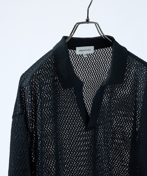 ABAHOUSE(アバハウス)の「シアーメッシュ スキッパー ニットポロ(ポロシャツ・メンズ・ブラック/グリーン系その他/グレイッシュブルー/オレンジ・48/46)」の2枚目の写真
