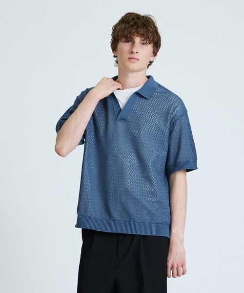 ABAHOUSE(アバハウス)の「シアーメッシュ スキッパー ニットポロ(ポロシャツ・メンズ・ブラック/グリーン系その他/グレイッシュブルー/オレンジ・48/46)」の6枚目の写真