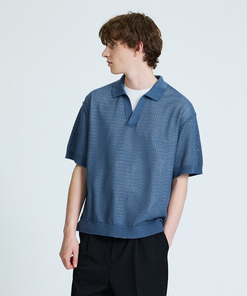 ABAHOUSE(アバハウス)の「シアーメッシュ スキッパー ニットポロ(ポロシャツ・メンズ・ブラック/グリーン系その他/グレイッシュブルー/オレンジ・48/46)」の7枚目の写真