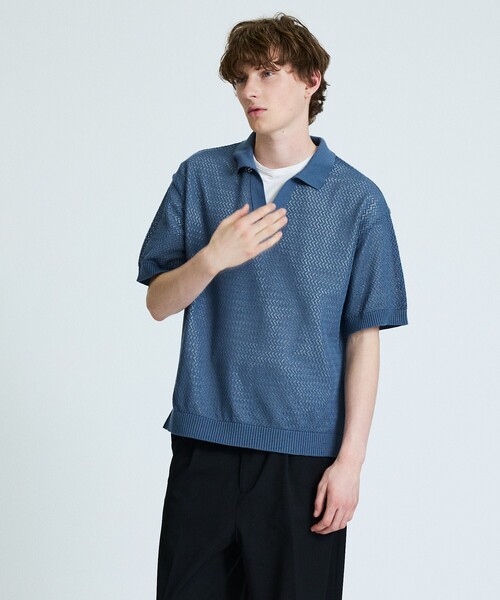 ABAHOUSE(アバハウス)の「シアーメッシュ スキッパー ニットポロ(ポロシャツ・メンズ・ブラック/グリーン系その他/グレイッシュブルー/オレンジ・48/46)」の8枚目の写真