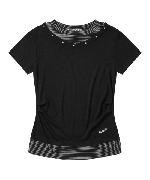 OURSAYSOUR(アワーセイアワー)の「Vネックレイヤードスタッズスリム半袖Tシャツストライプ(Tシャツ/カットソー・レディース・ブラック・FREE)」の1枚目の写真