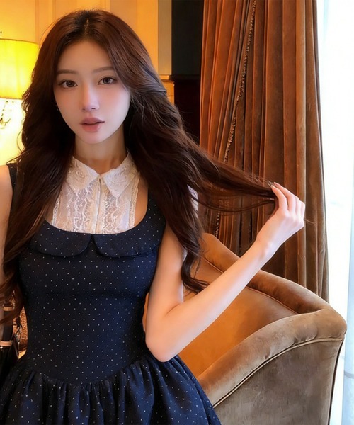 leune(ルネ)の「レースカラードッキングドット柄ワンピース(ワンピース・レディース・ネイビー・SMALL/MEDIUM/LARGE)」の3枚目の写真