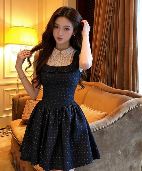 leune(ルネ)の「レースカラードッキングドット柄ワンピース(ワンピース・レディース・ネイビー・SMALL/MEDIUM/LARGE)」の5枚目の写真