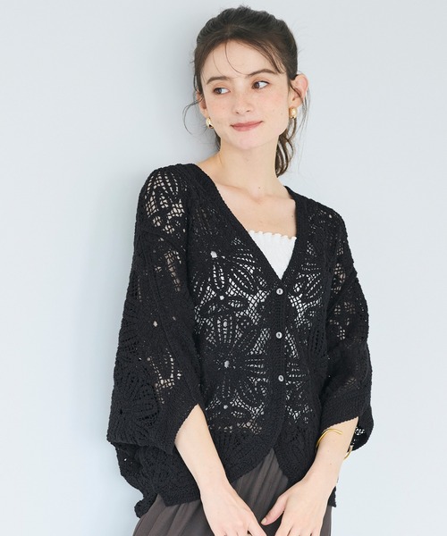 coca(coca)(コカ)の「カギ編みドルマンカーディガン(カーディガン/ボレロ・レディース・アイボリー/ブラック・ONE SIZE)」の9枚目の写真