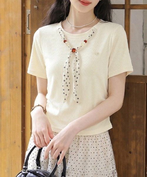 ONEP STAR(ワンピスター)の「ボウタイ風ドット柄リブ半袖トップス(Tシャツ/カットソー・レディース・ベージュ/ブルー・X-LARGE/LARGE/MEDIUM)」の11枚目の写真