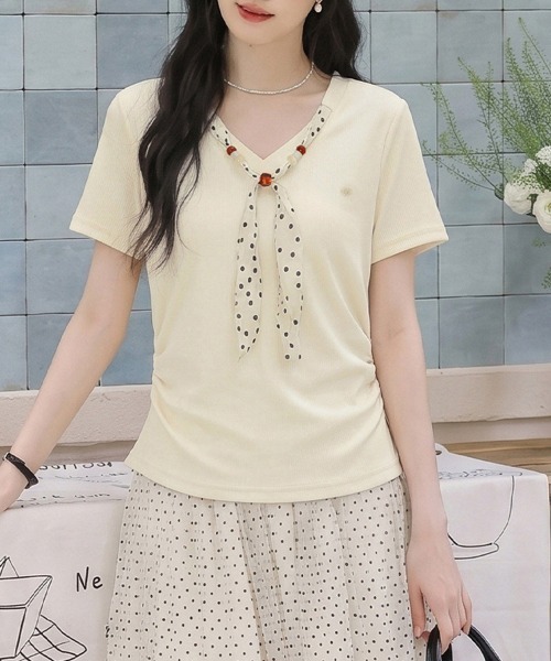 ONEP STAR(ワンピスター)の「ボウタイ風ドット柄リブ半袖トップス(Tシャツ/カットソー・レディース・ベージュ/ブルー・X-LARGE/LARGE/MEDIUM)」の12枚目の写真