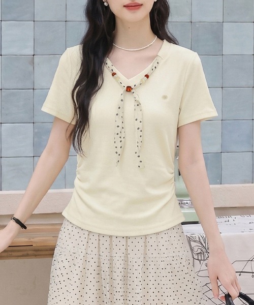 ONEP STAR(ワンピスター)の「ボウタイ風ドット柄リブ半袖トップス(Tシャツ/カットソー・レディース・ベージュ/ブルー・X-LARGE/LARGE/MEDIUM)」の13枚目の写真