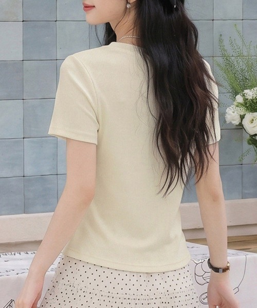 ONEP STAR(ワンピスター)の「ボウタイ風ドット柄リブ半袖トップス(Tシャツ/カットソー・レディース・ベージュ/ブルー・X-LARGE/LARGE/MEDIUM)」の14枚目の写真