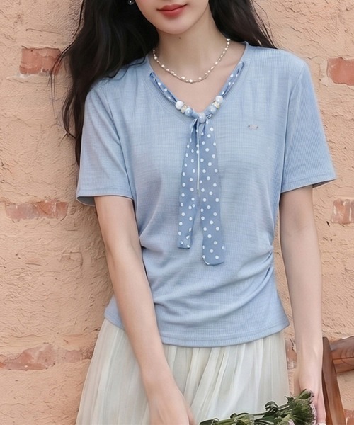 ONEP STAR(ワンピスター)の「ボウタイ風ドット柄リブ半袖トップス(Tシャツ/カットソー・レディース・ベージュ/ブルー・X-LARGE/LARGE/MEDIUM)」の15枚目の写真