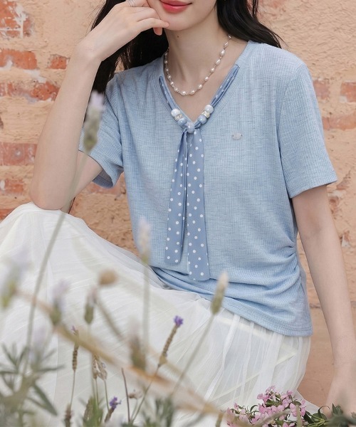 ONEP STAR(ワンピスター)の「ボウタイ風ドット柄リブ半袖トップス(Tシャツ/カットソー・レディース・ベージュ/ブルー・X-LARGE/LARGE/MEDIUM)」の5枚目の写真
