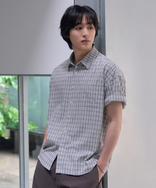 HYOJI（ヒョージ）の「26 SS セミクロップライトウェイトチェック [半袖] シャツ (3カラー)（シャツ/ブラウス・メンズ・グレー/ブラック/ライトブラック・S/XL/M/L）」の5枚目の写真
