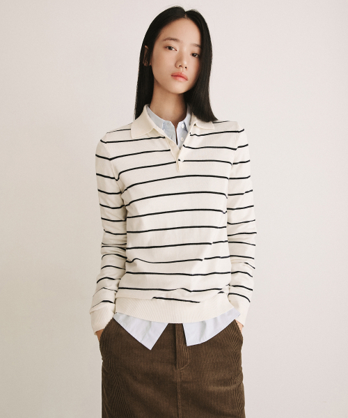 LEFTSEOUL（レフトソウル）の「モノストライプカラーニット[アイボリー]（ニット/セーター・レディース・アイボリー・SMALL/MEDIUM）」の3枚目の写真