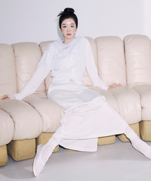 LINEN STRIPE LONG SKIRT_IVORY