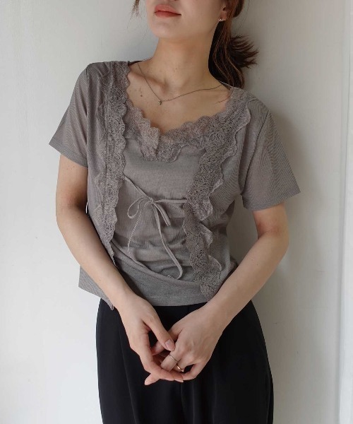 CORNERS(コーナーズ)の「アンサンブル見え半袖トップス(Tシャツ/カットソー・レディース・グレー/ブラック/オフホワイト・M)」の3枚目の写真