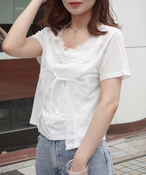 CORNERS(コーナーズ)の「アンサンブル見え半袖トップス(Tシャツ/カットソー・レディース・グレー/ブラック/オフホワイト・M)」の1枚目の写真