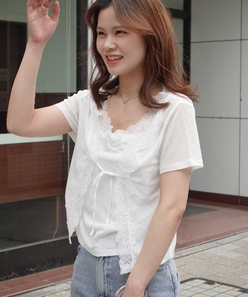 CORNERS(コーナーズ)の「アンサンブル見え半袖トップス(Tシャツ/カットソー・レディース・グレー/ブラック/オフホワイト・M)」の6枚目の写真