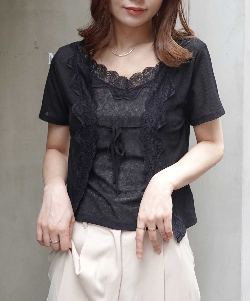 CORNERS(コーナーズ)の「アンサンブル見え半袖トップス(Tシャツ/カットソー・レディース・グレー/ブラック/オフホワイト・M)」の7枚目の写真