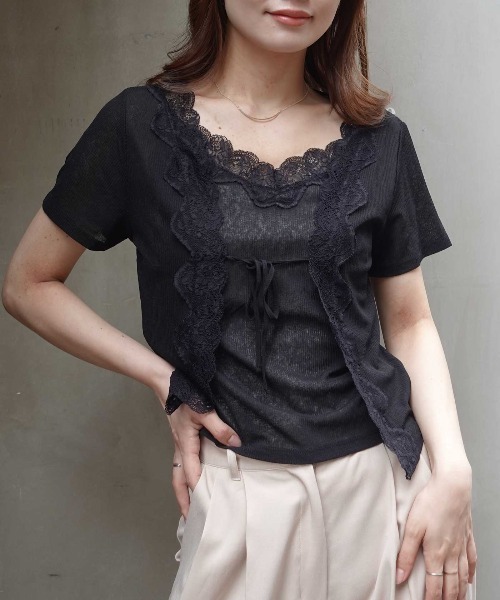 CORNERS(コーナーズ)の「アンサンブル見え半袖トップス(Tシャツ/カットソー・レディース・グレー/ブラック/オフホワイト・M)」の8枚目の写真