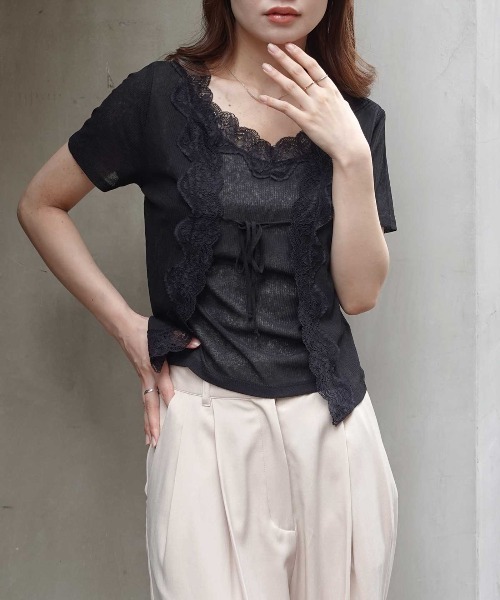 CORNERS(コーナーズ)の「アンサンブル見え半袖トップス(Tシャツ/カットソー・レディース・グレー/ブラック/オフホワイト・M)」の9枚目の写真