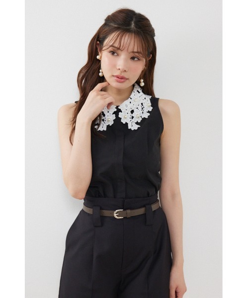rienda(リエンダ)の「パールレースカラーノースリシャツトップス 夏服 秋服(シャツ/ブラウス・レディース・ブラック/ホワイト/ライトベージュ・MEDIUM/SMALL)」の2枚目の写真