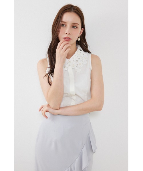 rienda(リエンダ)の「パールレースカラーノースリシャツトップス 夏服 秋服(シャツ/ブラウス・レディース・ブラック/ホワイト/ライトベージュ・MEDIUM/SMALL)」の6枚目の写真