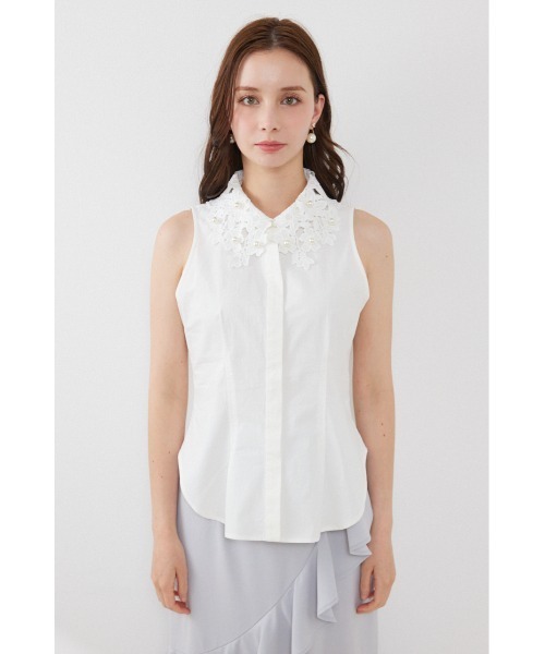 rienda(リエンダ)の「パールレースカラーノースリシャツトップス 夏服 秋服(シャツ/ブラウス・レディース・ブラック/ホワイト/ライトベージュ・MEDIUM/SMALL)」の9枚目の写真