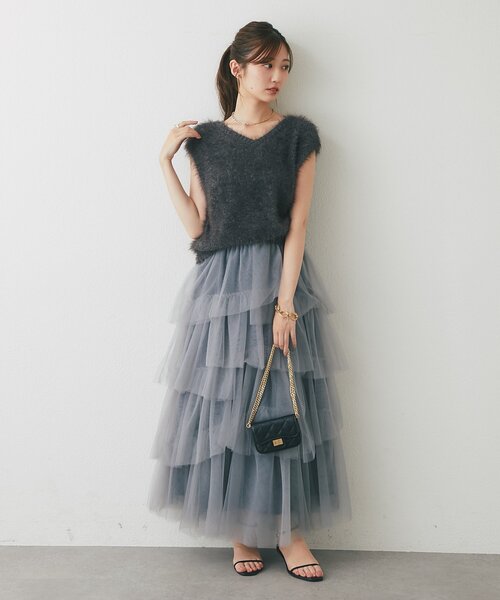 La boutique BonBon(ラブティックボンボン)の「【低身長向けPMサイズあり】イレヘムティアードチュールスカート(スカート・レディース・ブラック/チャコールグレー/オフホワイト・PM/FREE)」の10枚目の写真