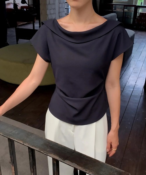 Girly Doll(ガーリードール)の「ラウンドカラーショートスリーブブラウス(その他トップス・レディース・ネイビー/ベージュ・L/M)」の5枚目の写真
