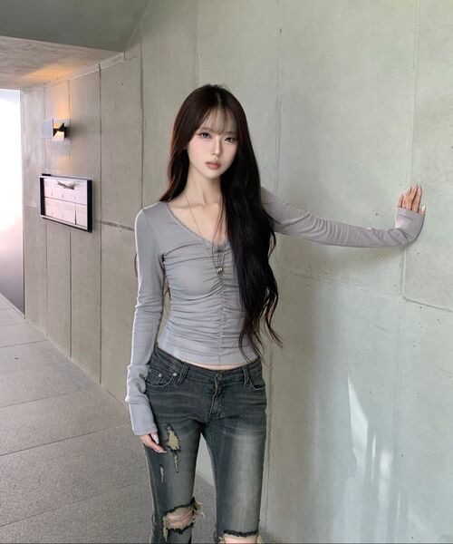 KHAKIPOINT（カーキポイント）の「Lace Shirring Top (gray)（Tシャツ/カットソー・レディース・その他・FREE）」の5枚目の写真