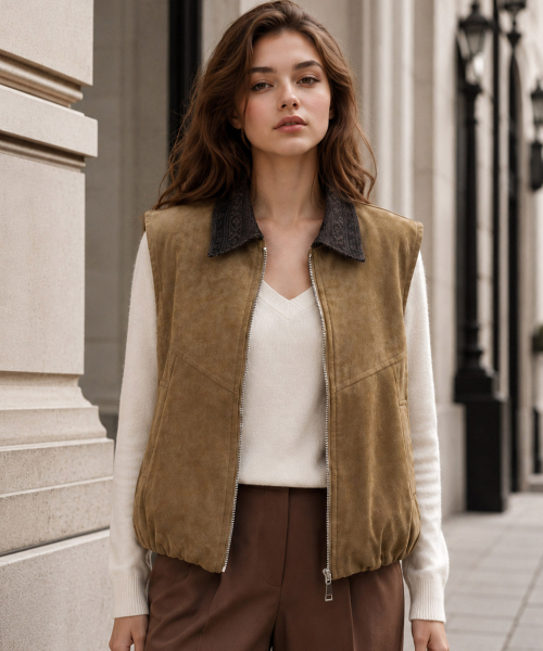 VASCARA(バスカラ)の「Vintage Pattern Collar Suede Shirring Vest(ベスト・レディース・ブラウン・FREE)」の2枚目の写真
