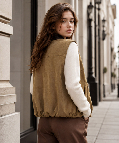 VASCARA(バスカラ)の「Vintage Pattern Collar Suede Shirring Vest(ベスト・レディース・ブラウン・FREE)」の3枚目の写真