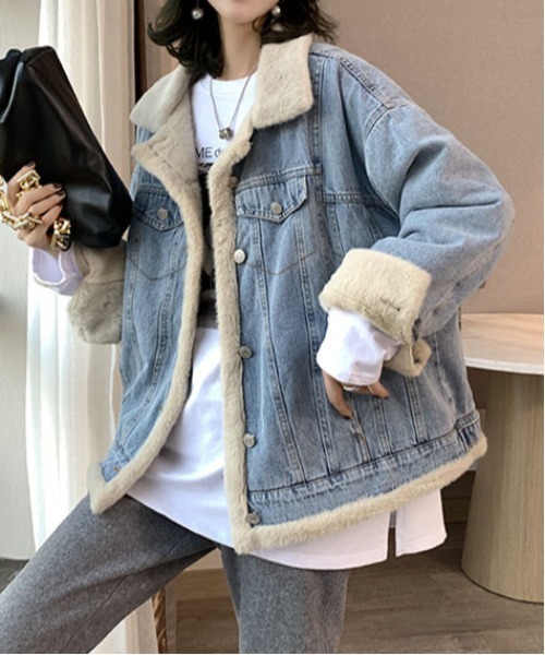 &soiree(アンドソワレ)の「ヴィンテージライクボアデニムジャケット(デニムジャケット・レディース・ブルー/ブラック・LARGE/SMALL/MEDIUM)」の1枚目の写真