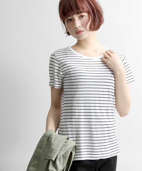 WEGO（ウィゴー）の「WEGO/リネンモダールUネックTシャツ（Tシャツ/カットソー・レディース・オフホワイト/ブラック系その他/ライトピンク/ブラック/サックスブルー・MEDIUM/LARGE）」の4枚目の写真