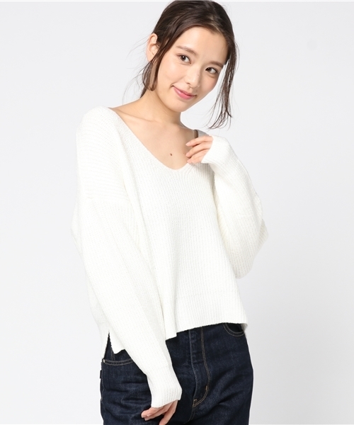 WEGO（ウィゴー）の「WEGO/Vネッククロップドニット（ニット/セーター・レディース・オフホワイト/ライトピンク/ブラック・FREE）」の19枚目の写真