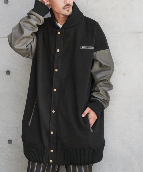 セール】『異素材メルトン×フェイクレザー ロングスタジャン